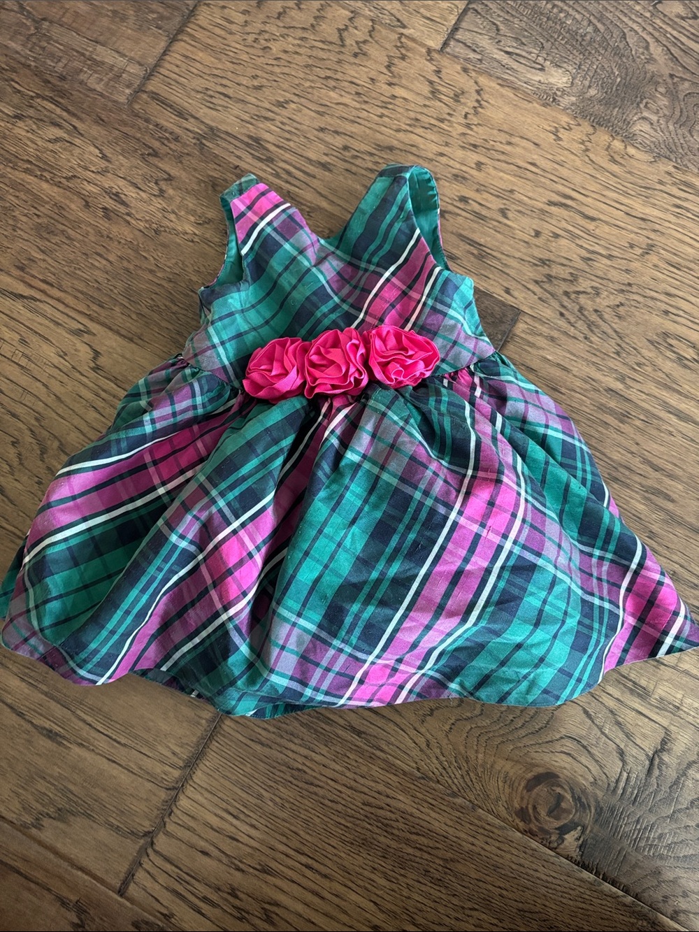 Girls’ Silk-Blend Plaid Party Dress with Pink Rosette Waist